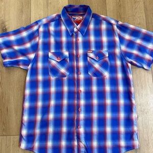 DIXXON Shirt Men’s Size XL Glory Blue Red White Plaid Logo Button Down